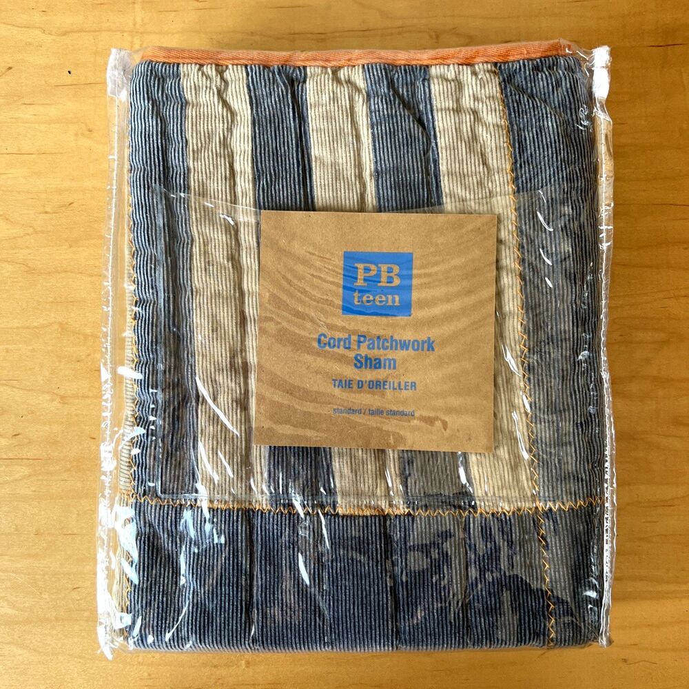 Pottery Barn PB Teen Cord Patchwork Standard Sham Blue & Gray 100% Cotton NEW